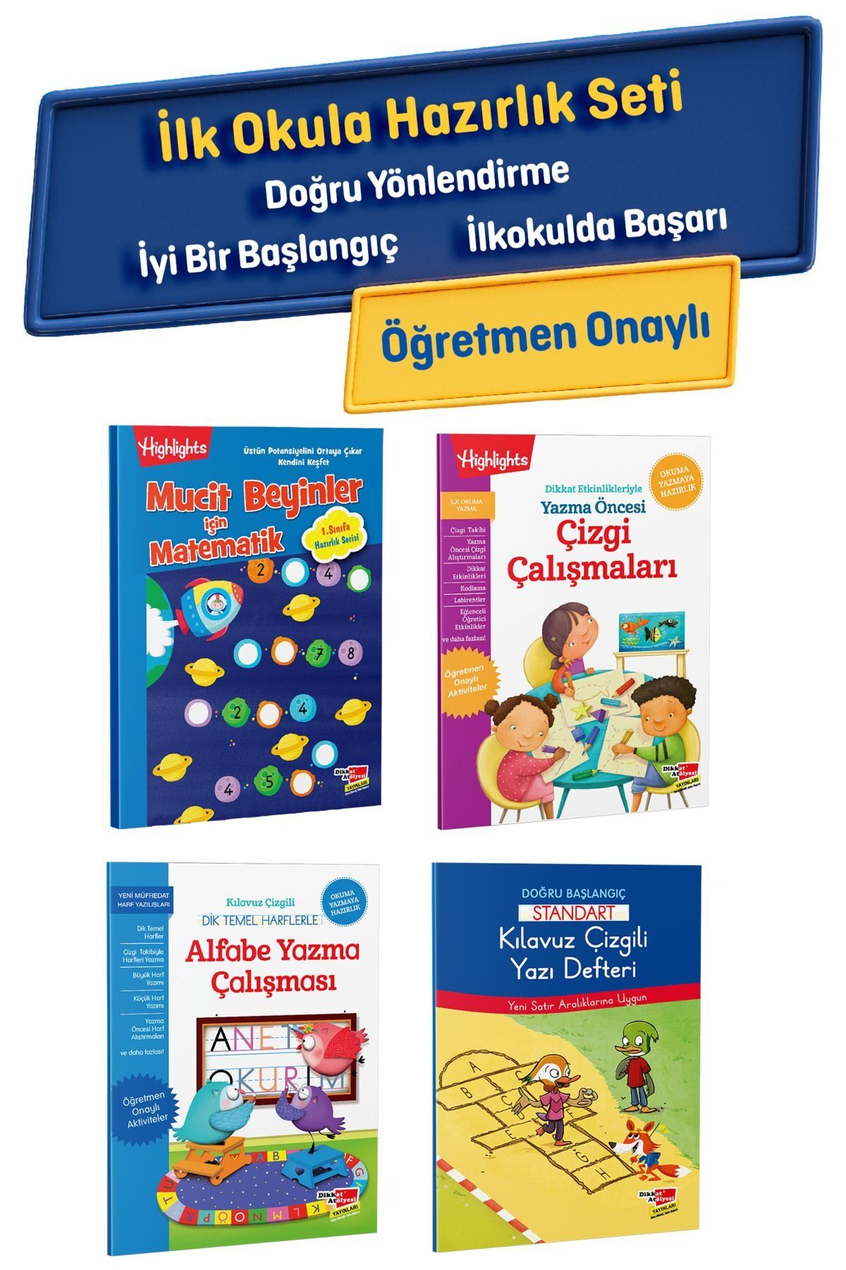 4’lü İlkokula Hazırlık Seti – Matematik, Çizgi, Alfabe, Yazı Defteri