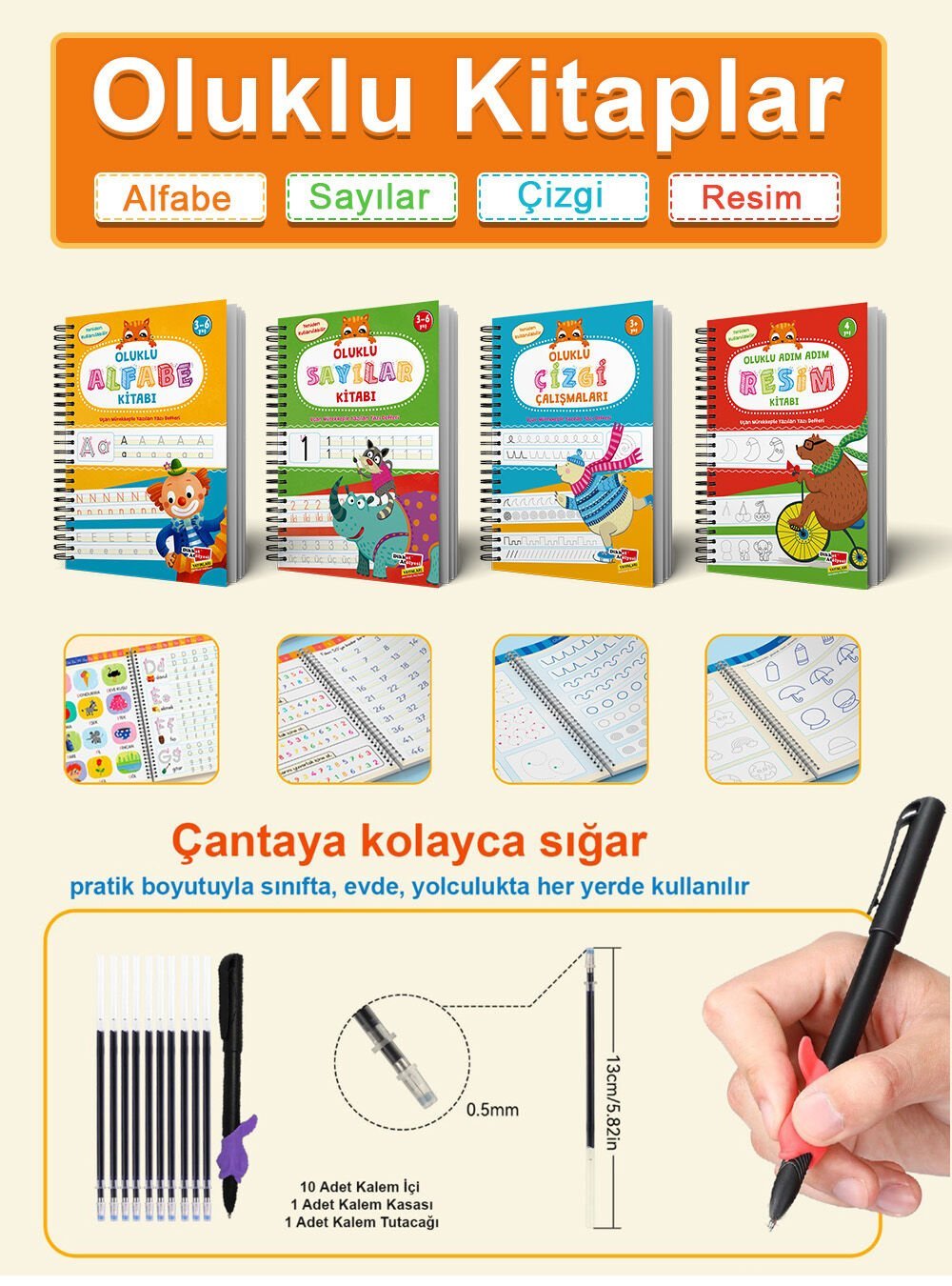 Sihirli Kalemli Oluklu Yazı Öğrenme Seti – Harfler, Sayılar, Çizgi Çalışmaları ve Resim Kitabı | Silinebilir Eğitici Kitap (3-6 Yaş)